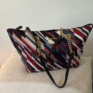 Calvin Klein Red and Blue Shoulder Bag with Geometric Stripes